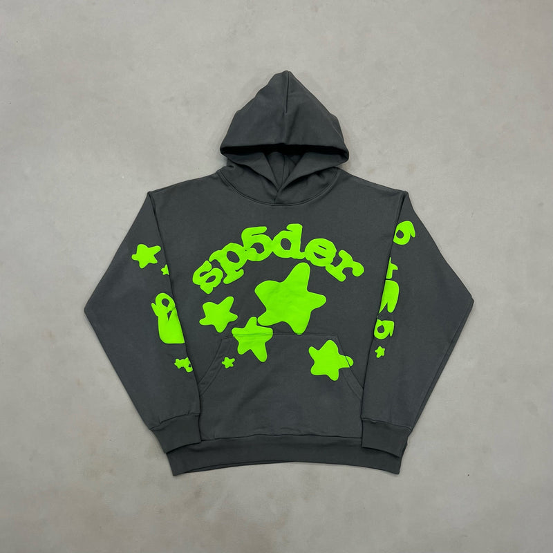 SP5DER Grey-Green Hoodie – Designer Streetwear with Bold Graphic Design