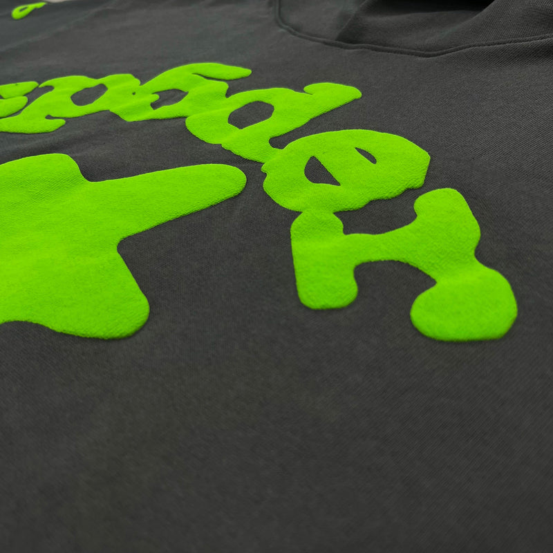 SP5DER Grey-Green Hoodie – Designer Streetwear with Bold Graphic Design