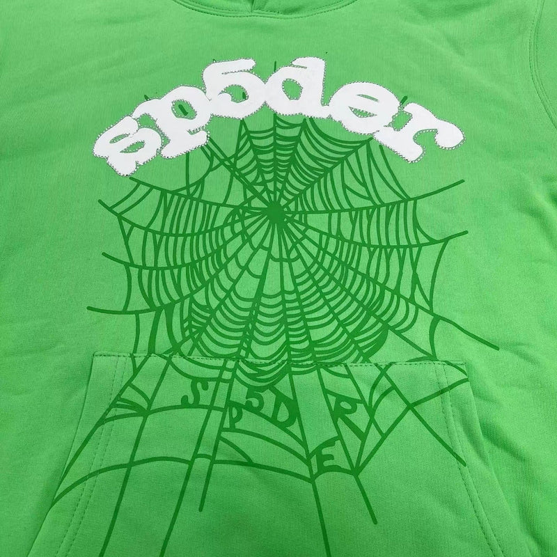 SP5DER Green Hoodie – Bold Designer Streetwear with Web Graphic