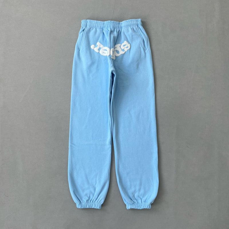 SP5DER Web Sky Blue Pants – Designer Streetwear with Bold Web Graphic