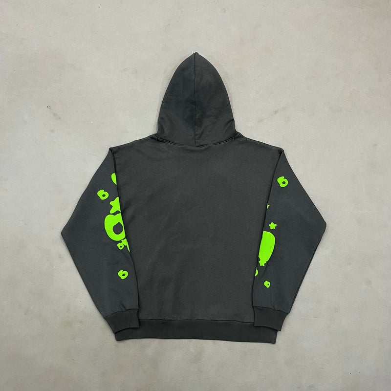 SP5DER Grey-Green Hoodie – Designer Streetwear with Bold Graphic Design