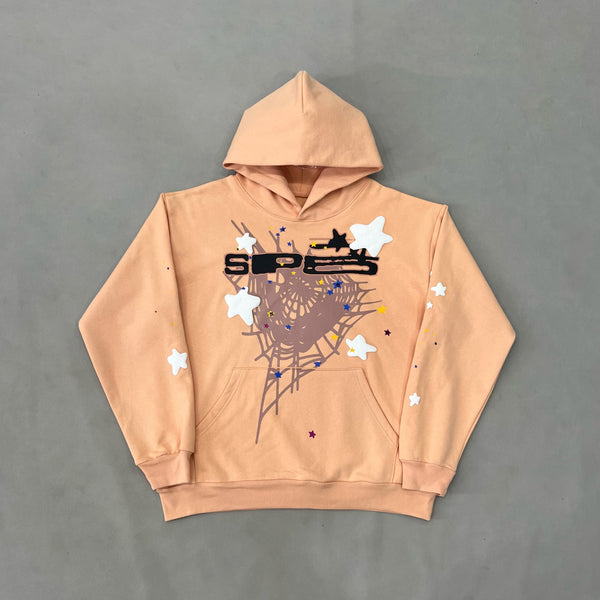 SP5DER Peach Hoodie – Bold Designer Streetwear with Web Graphic